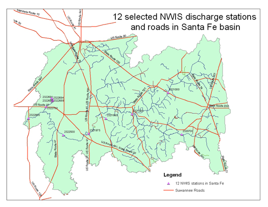 12 selected NWIS discharge stations and roads in the Santa Fe Basin