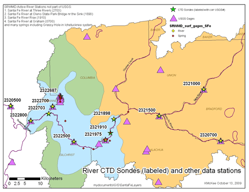 Figure 2. Locations of CTD sondes and co-located river gages in the Santa Fe basin.